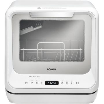 Boman Mini masina de spalat vase Bomann TSG 5701, rezervor apa 5L, 5 programe, functie de uscare extra si antibacteriana, temperatura 45 C-72 C, alimentare la apa optional, compacta, Alb