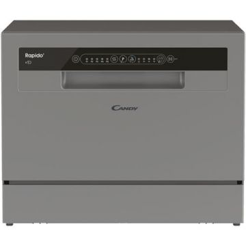 Masina de spalat vase compacta Candy Rapido CP 6E51LS, 6 seturi, 5 programe, Clasa E, Pornire intarziata, Program scurt 35', 55 cm (Argintiu)