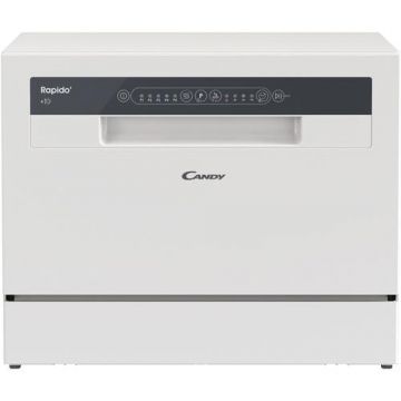Masina de spalat vase compacta Candy Rapido CP 6E51LW, 6 seturi, 5 programe, Clasa E, Pornire intarziata, Program scurt 35', 55 cm (Alb)