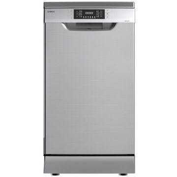 Samus Masina de spalat vase Samus SDX410.8, 10 seturi, Latime 45 cm, 8 Programe, Clasa energetica E, Afisaj electronic, Pornire intarziata, Inox/Argintiu