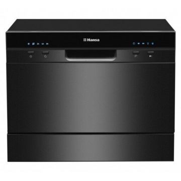 hansa Masina de spalat vase compacta Hansa ZWM556BH, Capacitate 6 seturi, Numar programe 5, Clasa energetica F, Cos tacamuri, Motor Universal, 49db, Negru