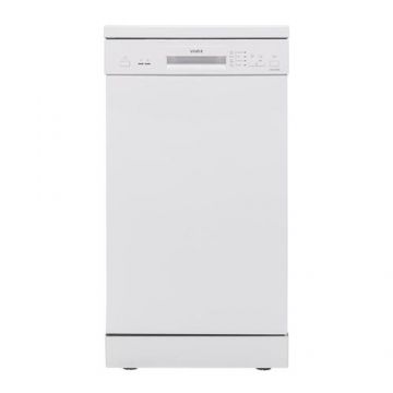 Masina de spalat vase slim VIVAX DW-45942B, 9 Seturi, 4 Programe, Clasa E, Eco, Doua cosuri, Spalare 360°, Intensiv, Quick Wash, Half load, Control electronic cu iluminare LED, Avertizare sare, Protectie overflow, 45cm (Alb)