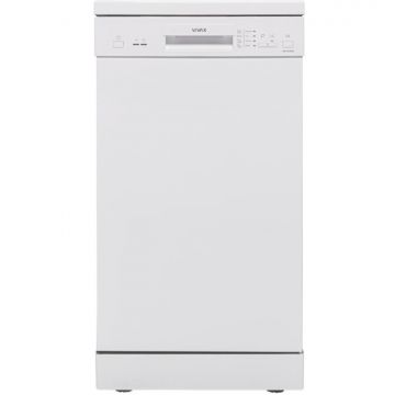 VIVAX Masina de spalat vase slim VIVAX DW-45942B, 9 Seturi, 4 Programe, Clasa E, Eco, Doua cosuri, Spalare 360°, Intensiv, Quick Wash, Half load, Control electronic cu iluminare LED, Avertizare sare, Protectie overflow, 45cm, Alb